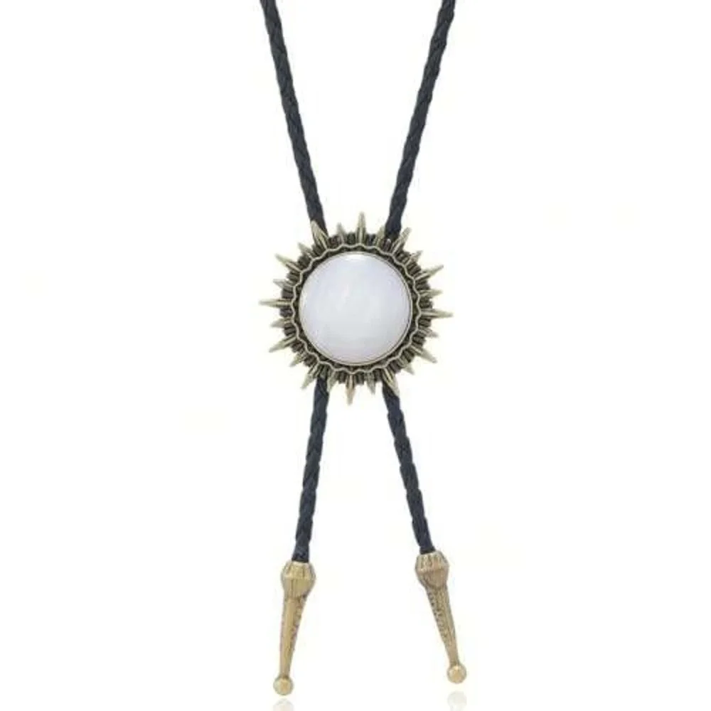 Sunburst‎ Bolo Tie Antique Gold Tone Faux Opal Moonstone Western Boho Accessory